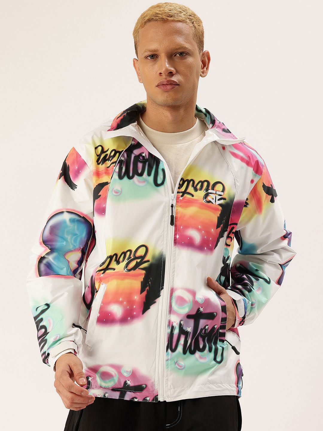 FIFTY TWO Typography Printed Hooded Rain Jacket-picture-15