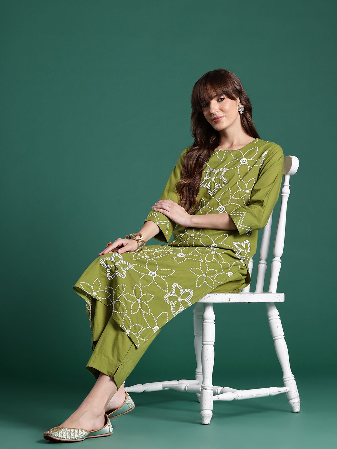 Indo Era Floral Embroidered Thread Work Pure Cotton Kurta & Trousers