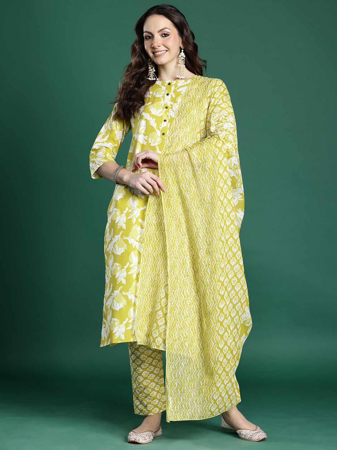 Indo Era Floral Printed Regular Pure Cotton Kurta with Trousers & With Dupatta-picture-34