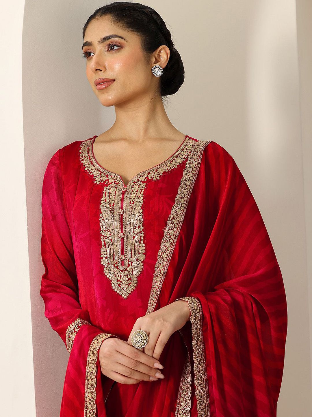 Libas Womens Red Printed Chiffon Anarkali Kurta With Trousers & Dupatta-picture-52