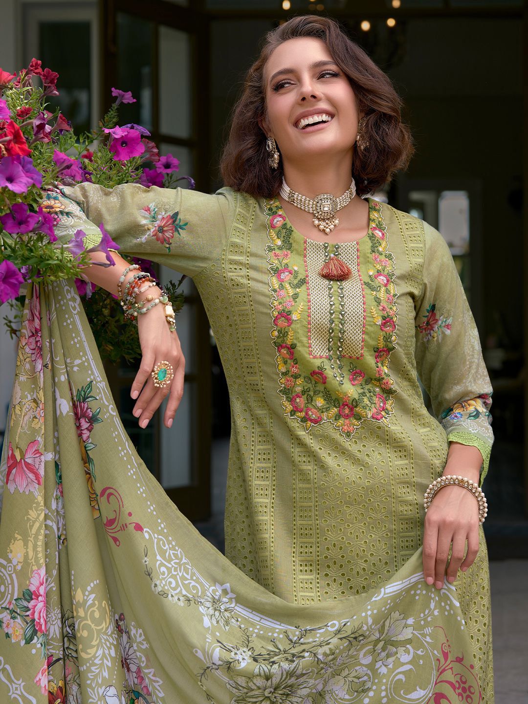 Indo Era Floral Embroidered Mirror Work Pure Cotton Kurta With Trousers & Dupatta-picture-33