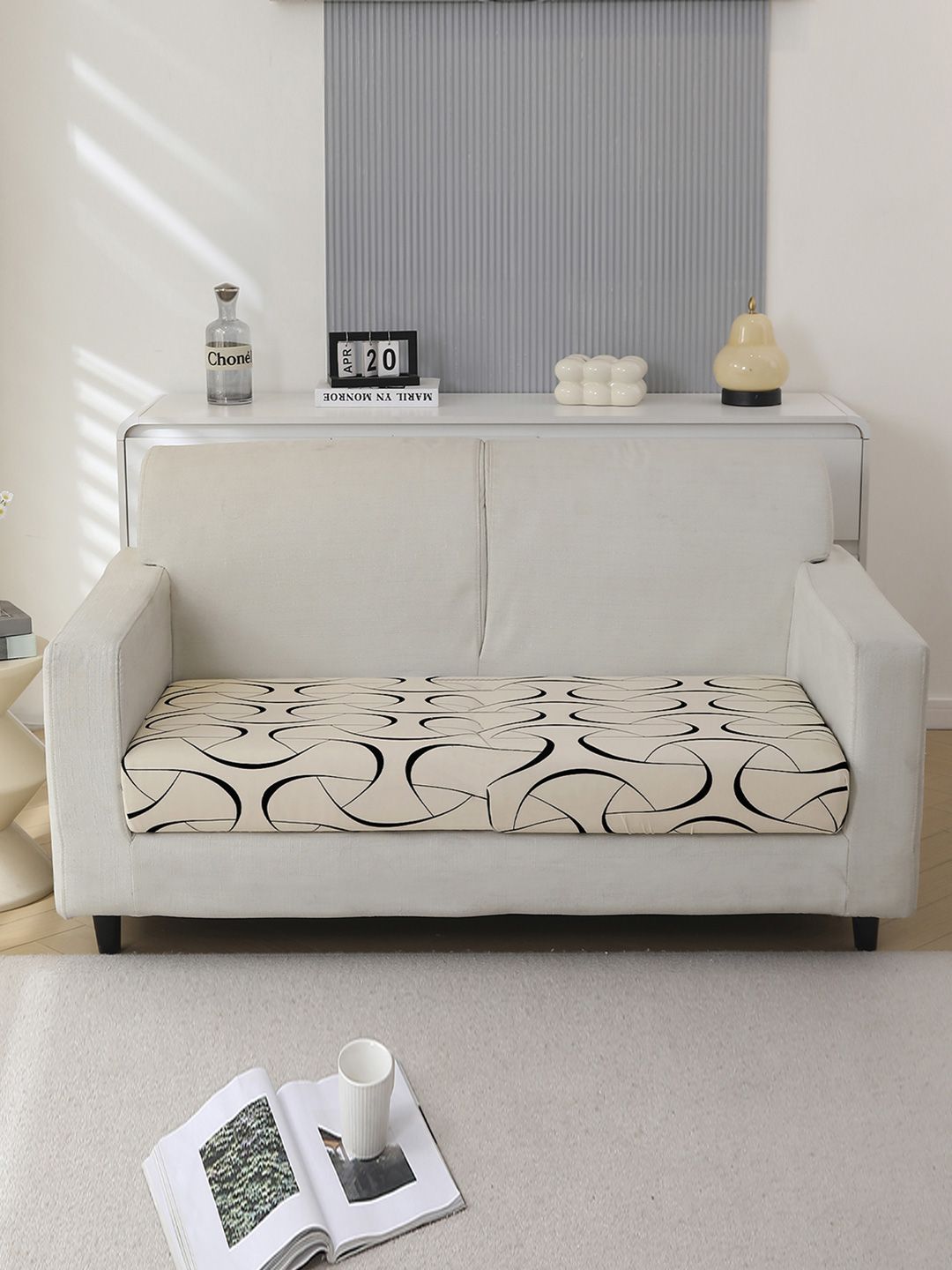 HOKIPO Beige & Black Printed Polyester 2 Seater Sofa Seat Cover-picture-32