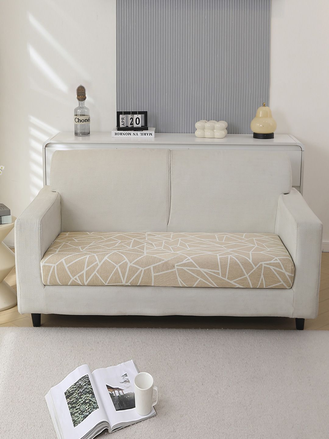 HOKIPO Beige & White Printed Polyester 2 Seater Sofa Seat Cover-picture-35