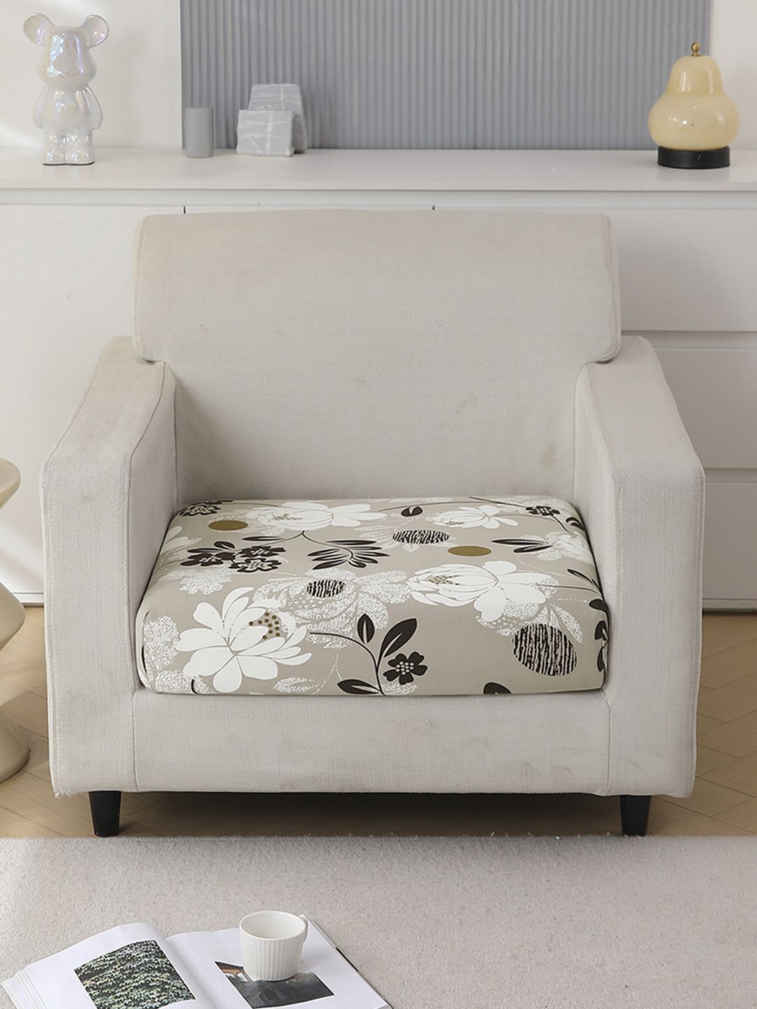 HOKIPO Grey & White Printed Polyester 1 Seater Sofa Seat Cover-picture-35