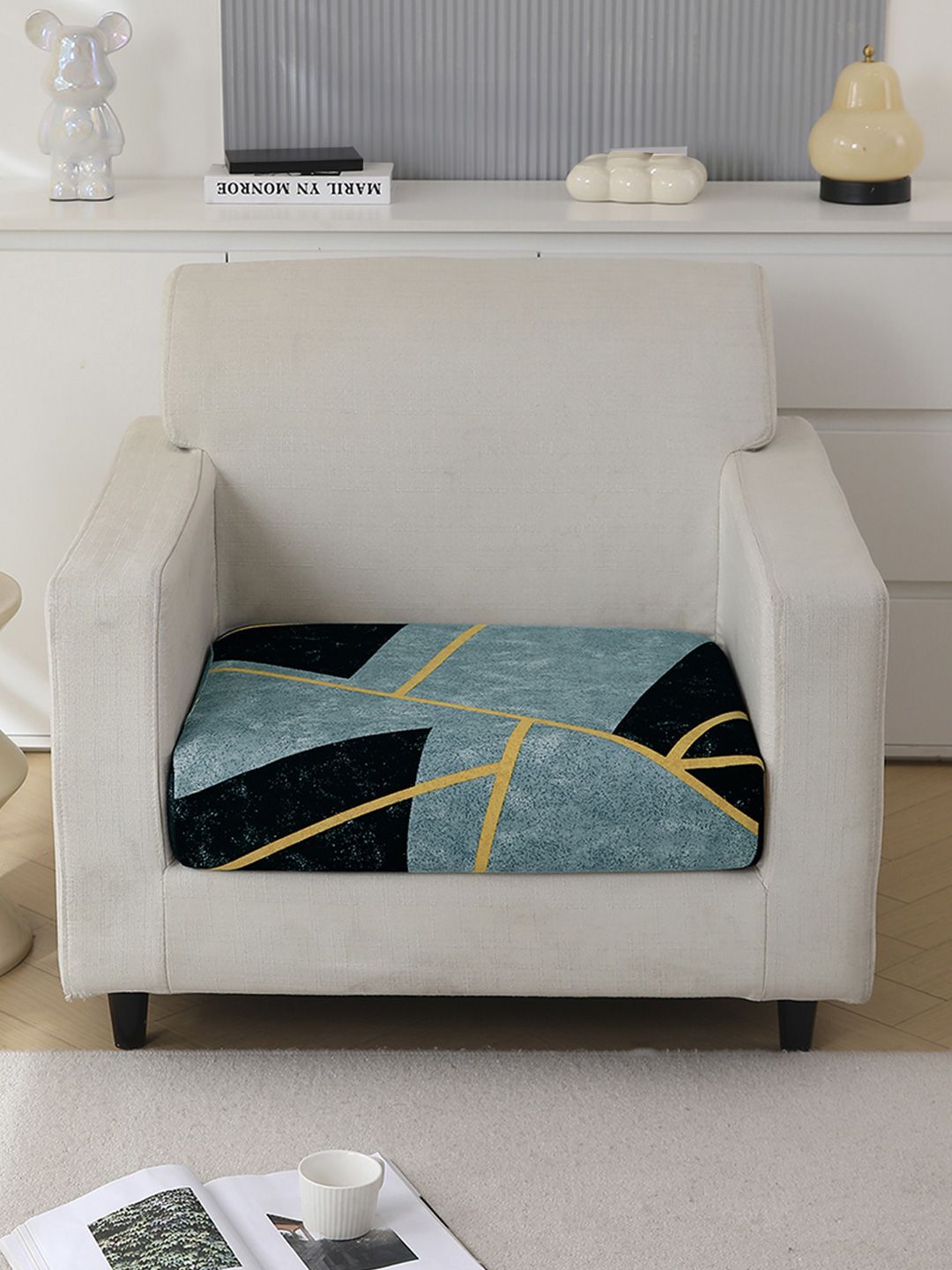 HOKIPO Blue & Black Printed Polyester 1 Seater Sofa Seat Cover-image-14