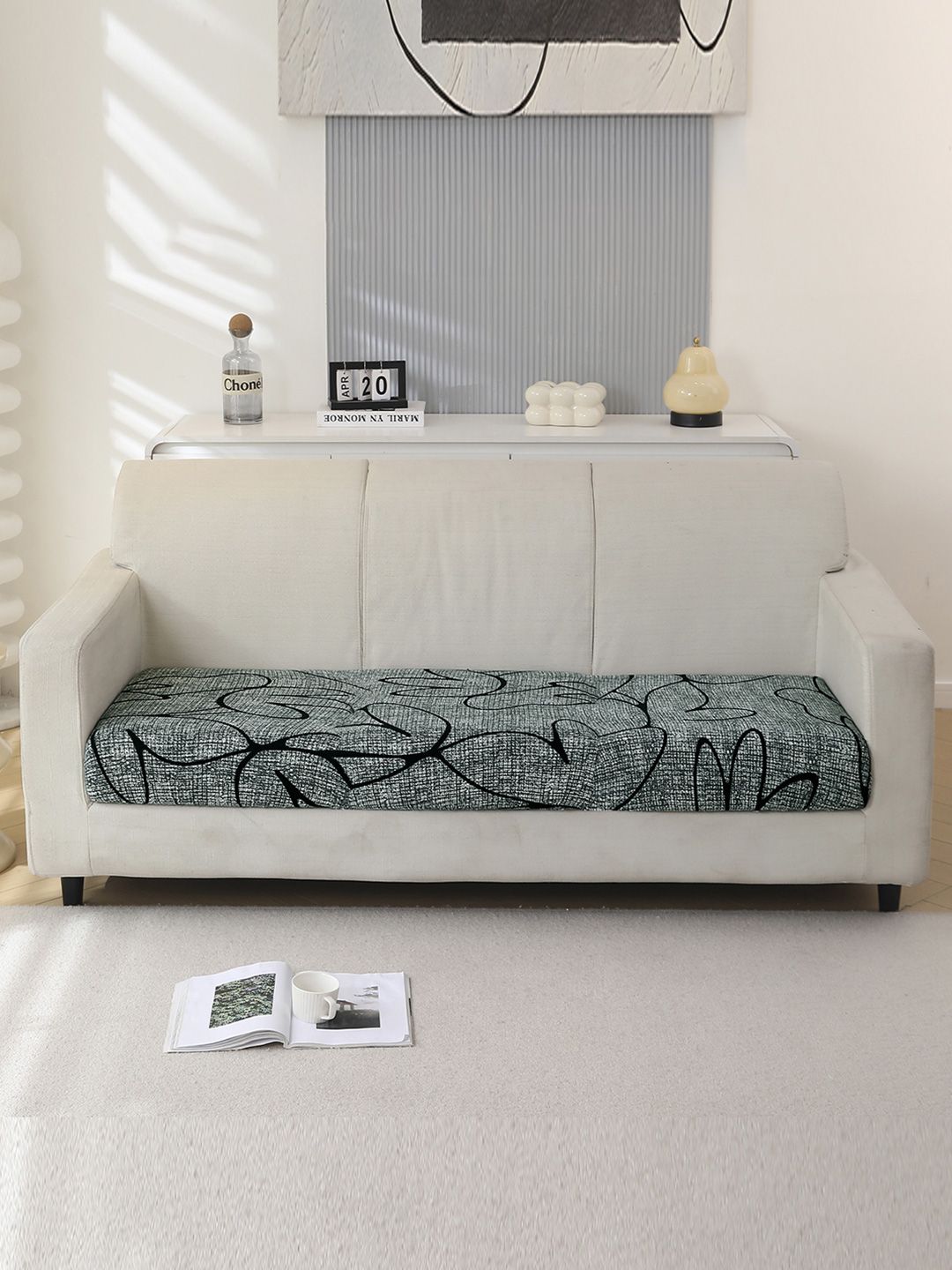 HOKIPO Grey & Black Printed Polyester 3 Seater Sofa Seat Cover-picture-13