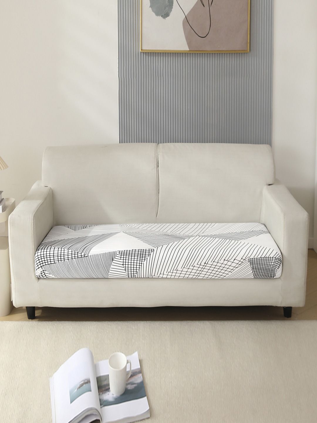 HOKIPO White & Grey Printed Polyester 2 Seater Sofa Seat Cover-picture-36