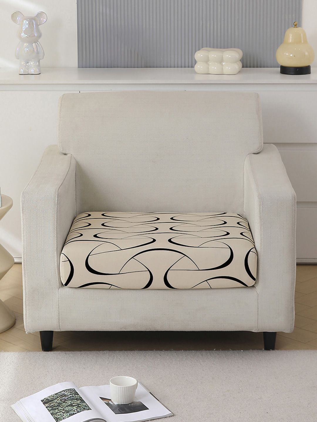 HOKIPO Beige & Black Printed Polyester 1 Seater Sofa Seat Cover-picture-2