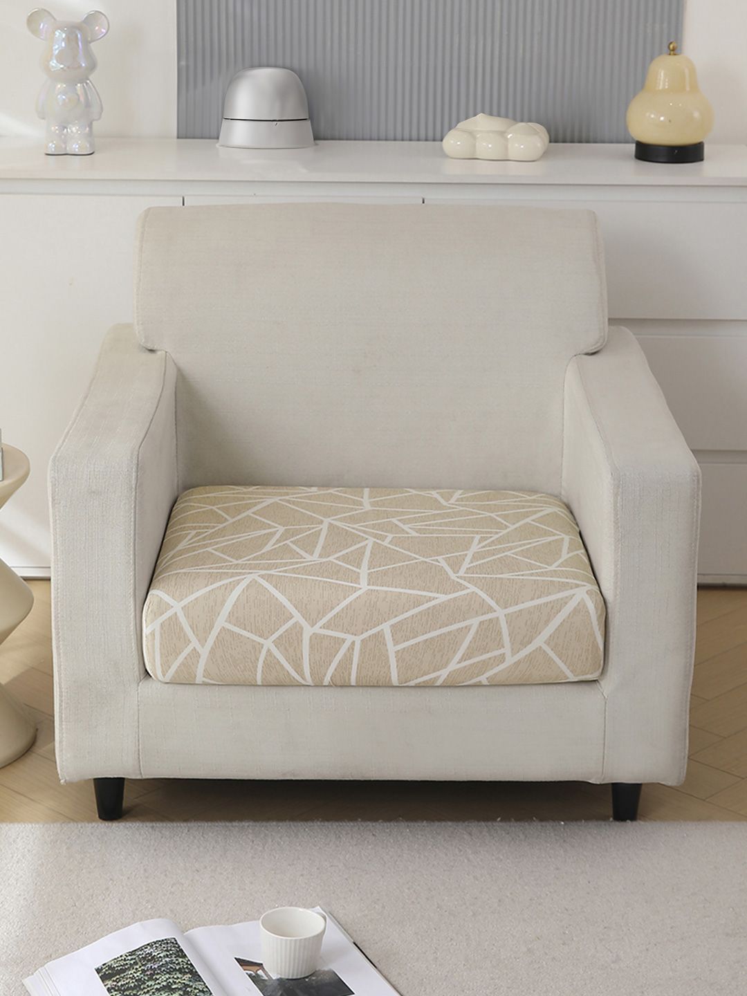 HOKIPO Beige & White Printed Polyester 1 Seater Sofa Seat Cover-picture-47