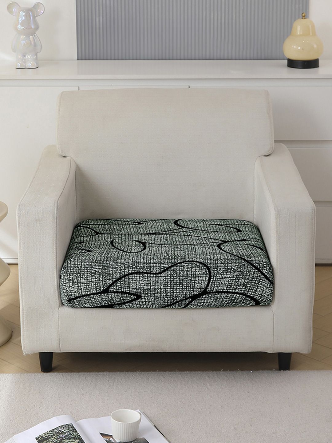 HOKIPO Grey & Black Printed Polyester 1 Seater Sofa Seat Cover-picture-12