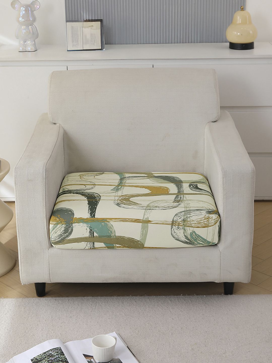 HOKIPO Beige & Green Printed Polyester 1 Seater Sofa Seat Cover-picture-46