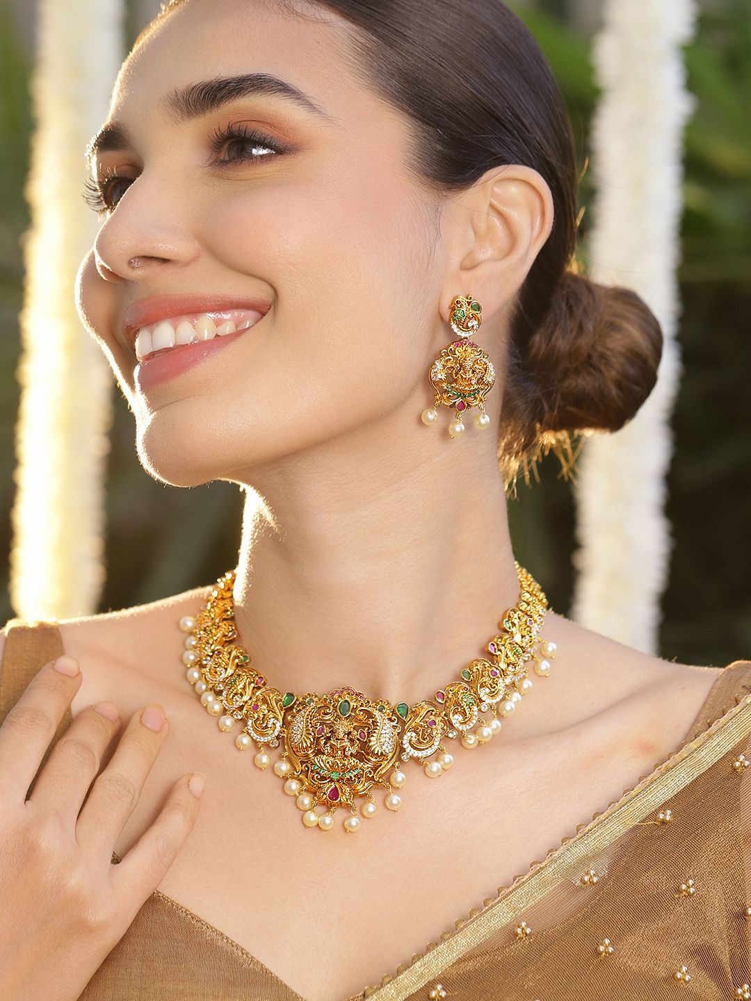 Rubans 22K Gold-Plated Ruby Emerald & Pearl Beaded Zirconia Lakshmi Temple Jewellery Set-picture-12