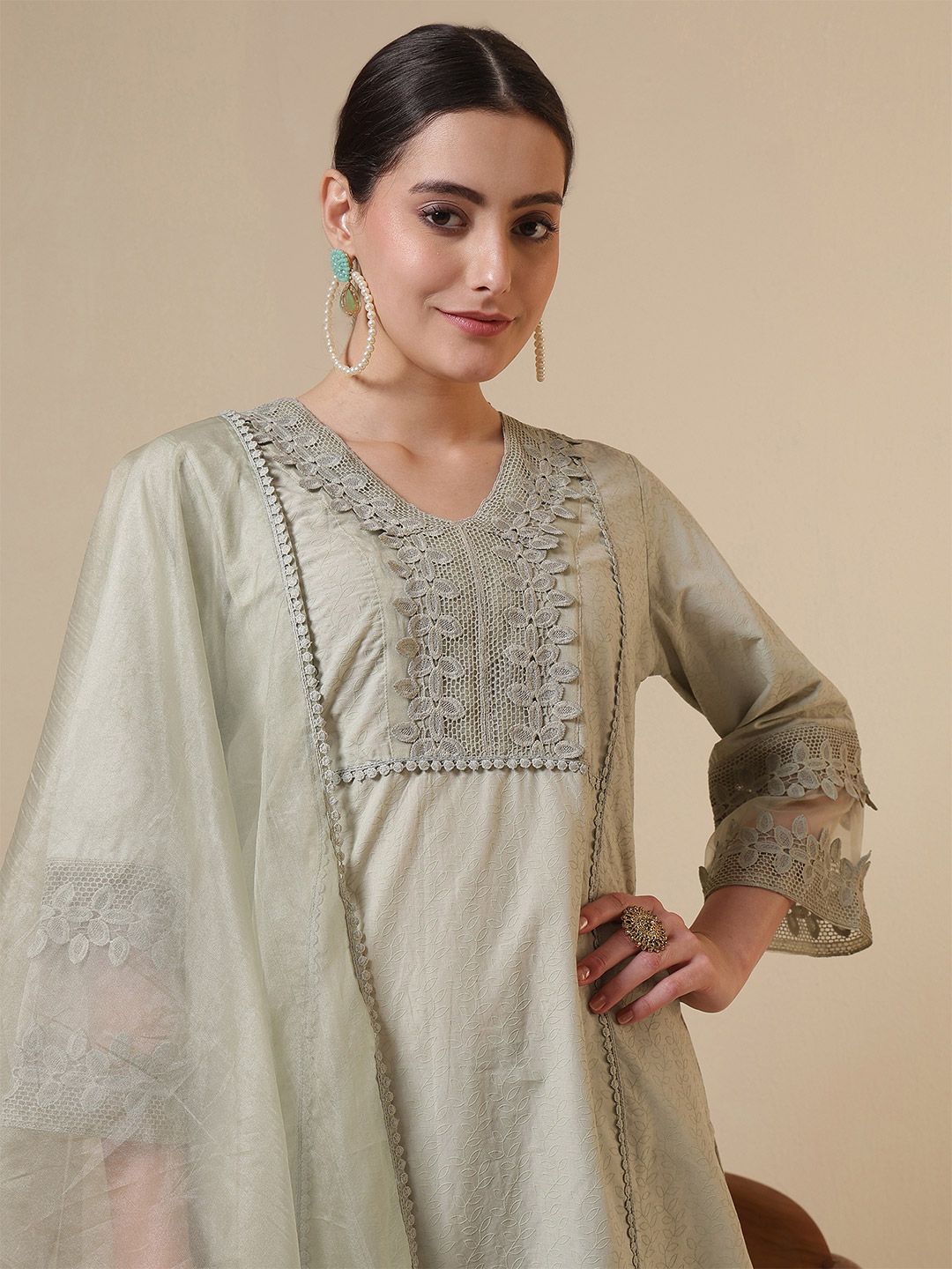 Anouk Floral Yoke Design Thread Work Pure Cotton Straight Kurta With Palazzos & Dupatta