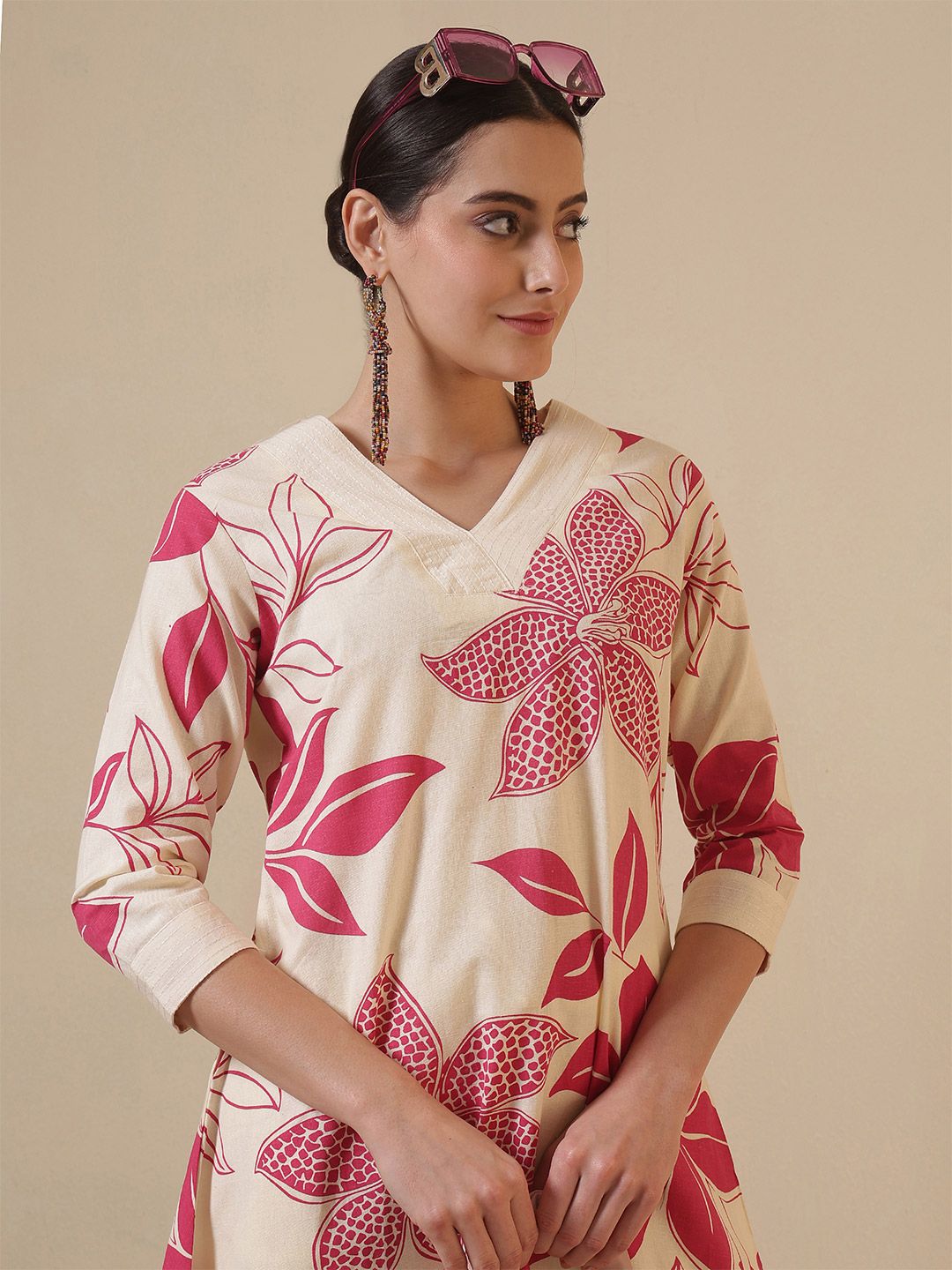 Anouk Floral Printed V-Neck A-Line Pure Cotton Kurta With Palazzos