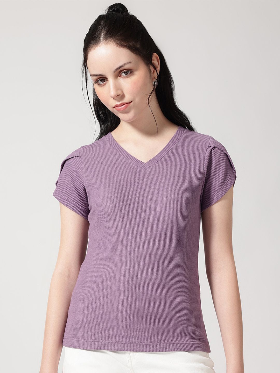 Strong And Brave Women Solid V-Neck Extended Sleeves Raw Edge Relaxed Fit T-shirt-image-30