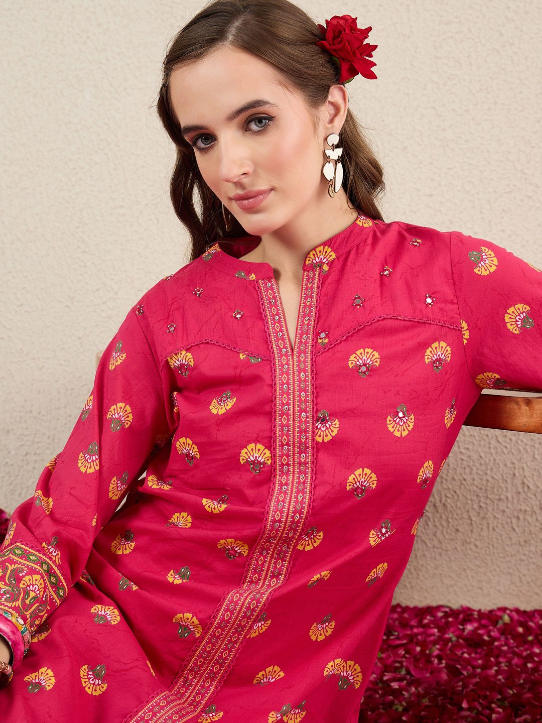 Indo Era Women Ethnic Motifs Printed Cotton Kurta with Trousers
