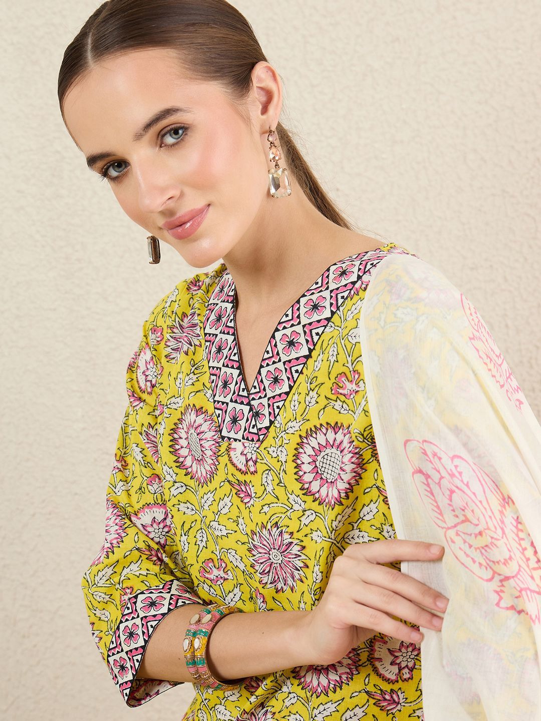 Indo Era Floral Printed Pure Cotton V-Neck Straight Kurta with Trousers and Dupatta