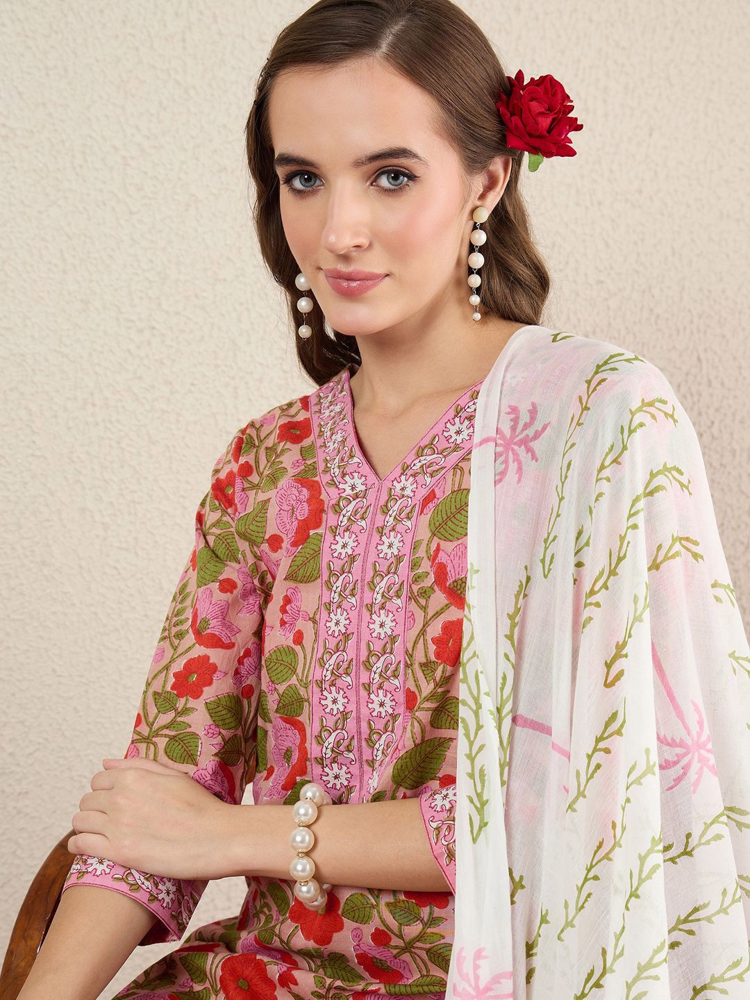 Indo Era Floral Printed Pure Cotton V-Neck Straight Kurta with Salwar and Dupatta