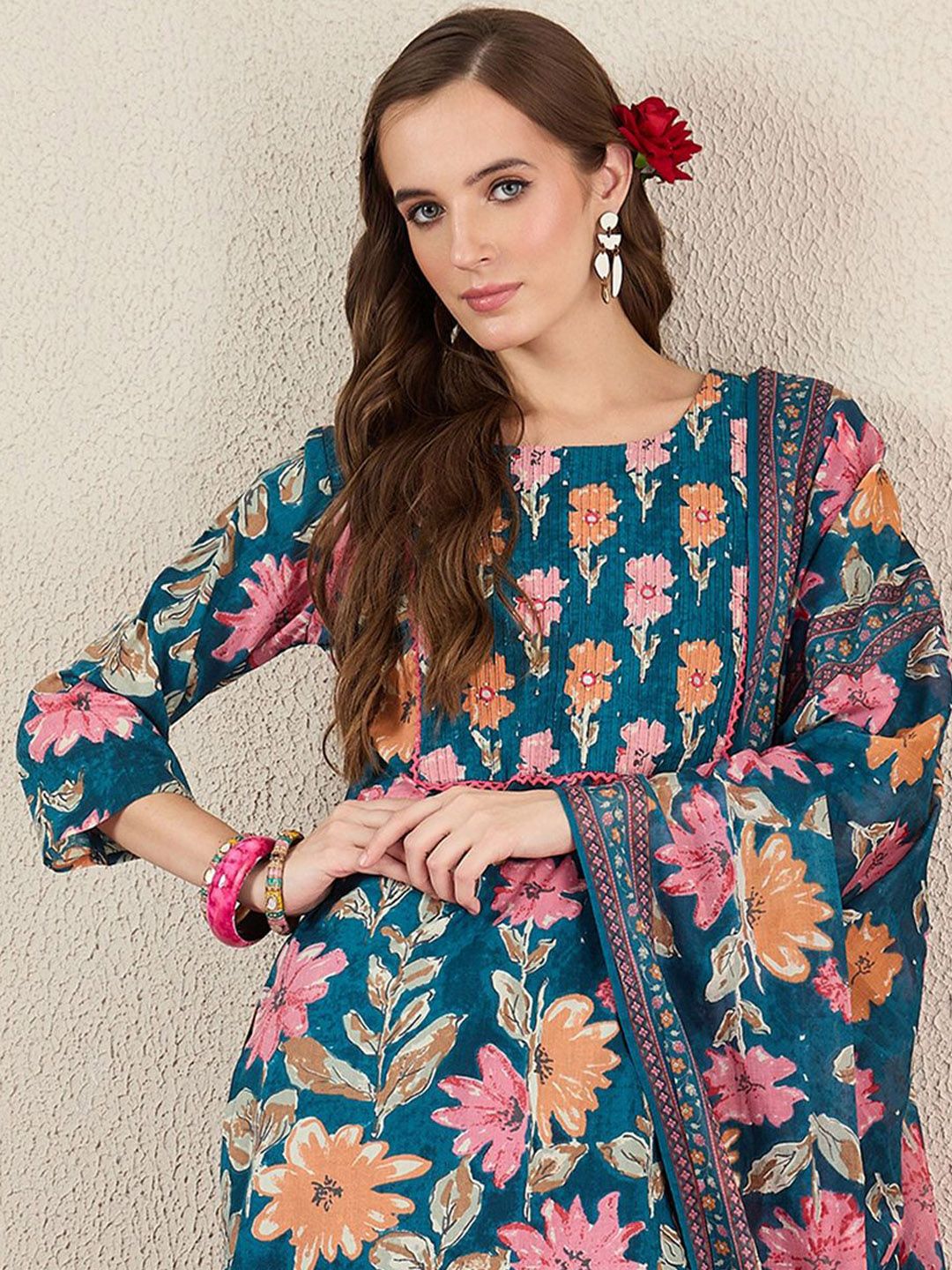 Indo Era Women Floral Printed Cotton Kurta with Trousers & Dupatta