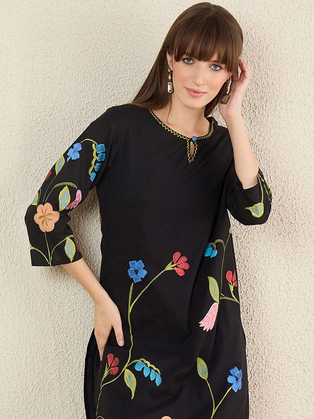 Indo Era Women Floral Printed Cotton Kurta with Trousers