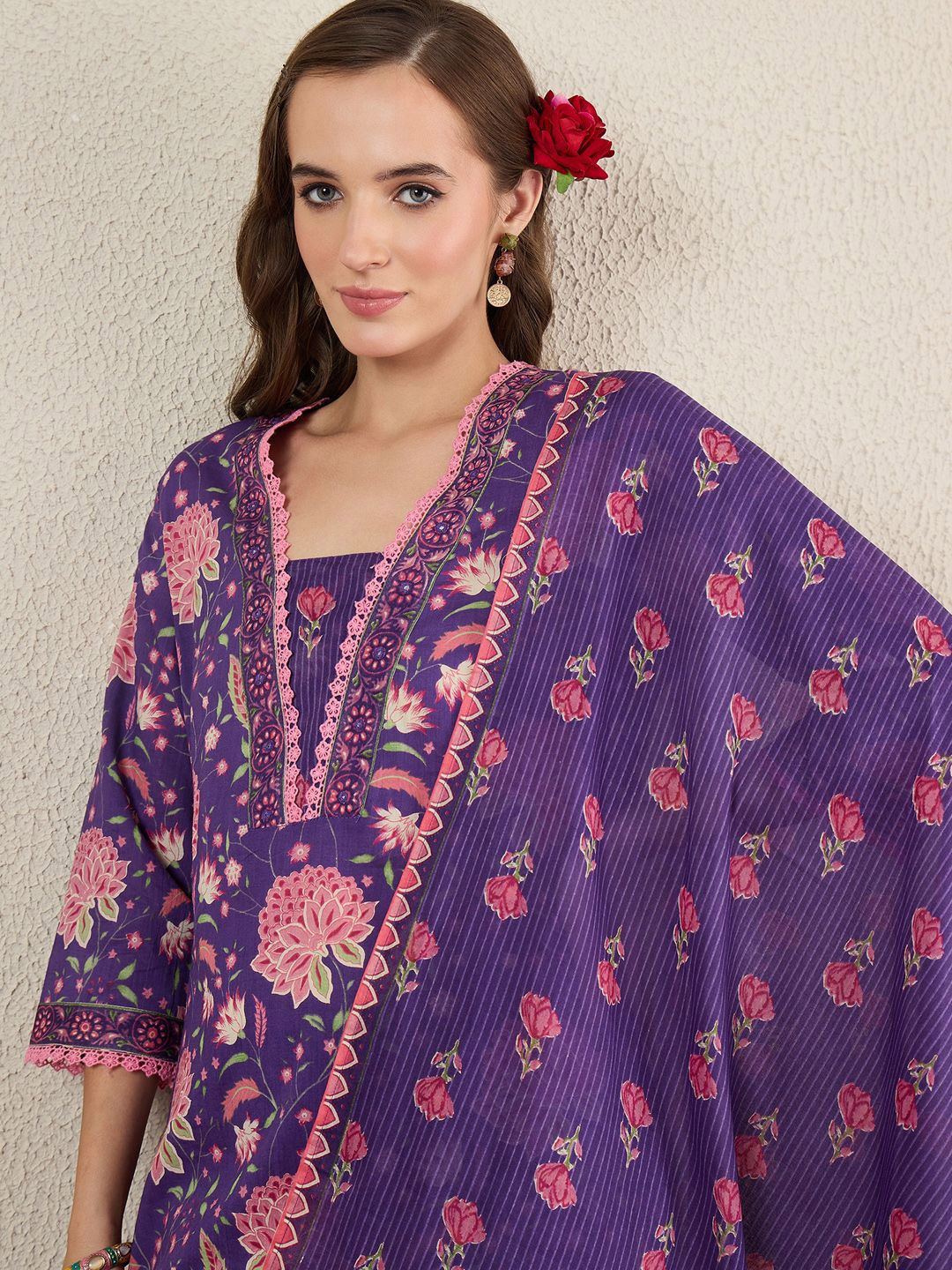 Indo Era Women Floral Printed Cotton Kurta with Trousers & Dupatta