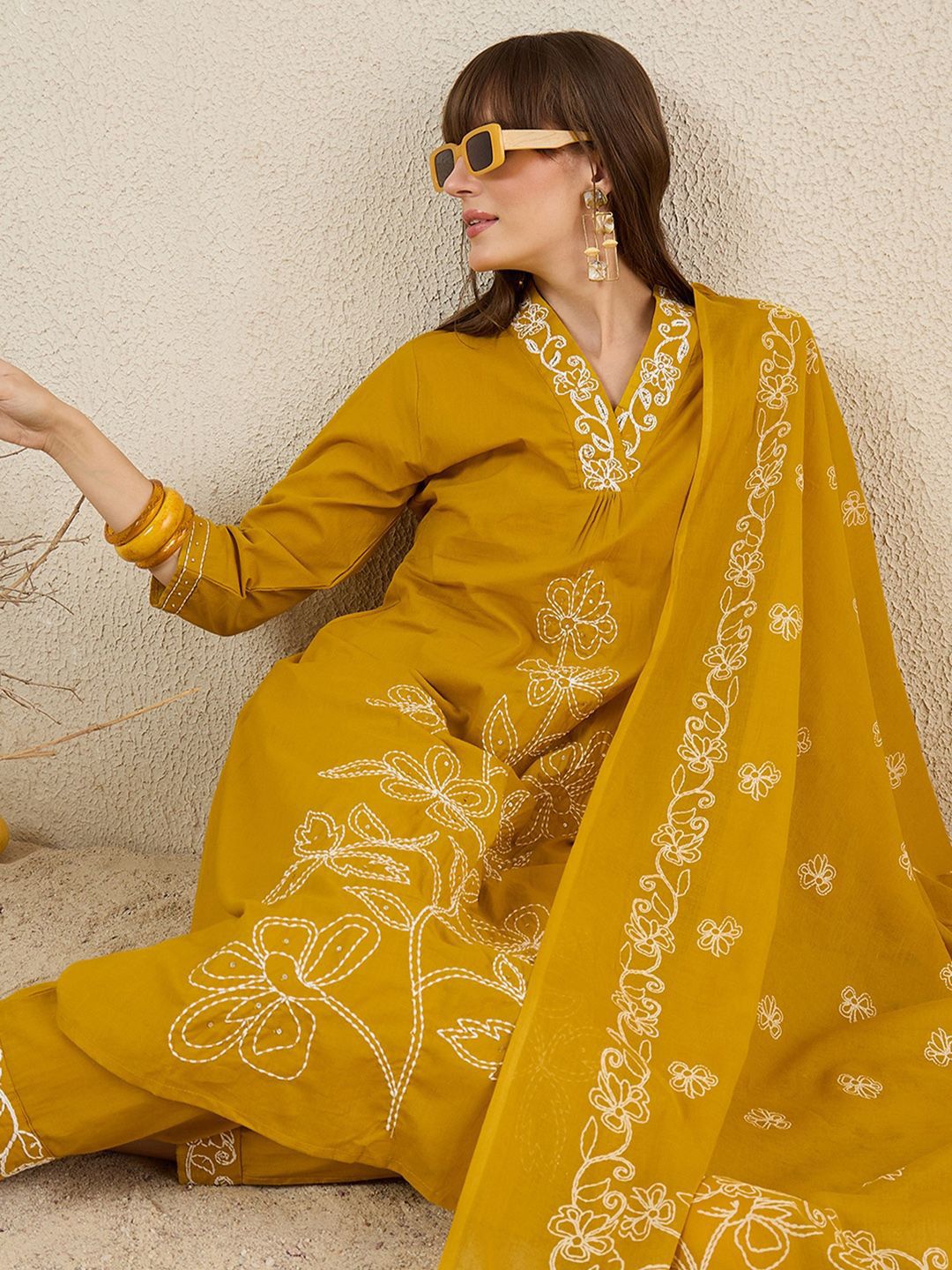 Indo Era Women Solid Embroidered Cotton Kurta with Trousers & Dupatta