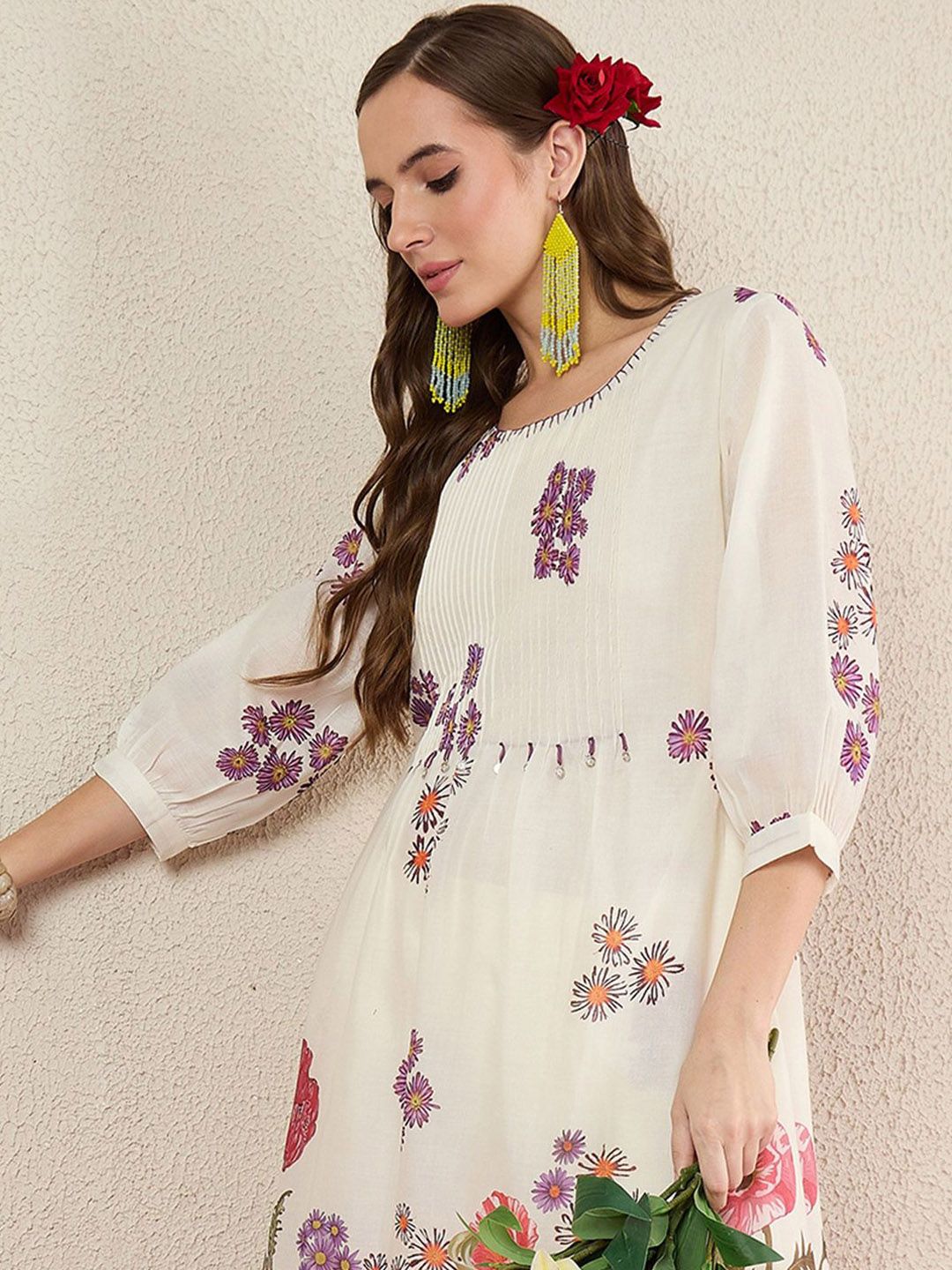 Indo Era Women Floral Printed Cotton Kurta with Trousers