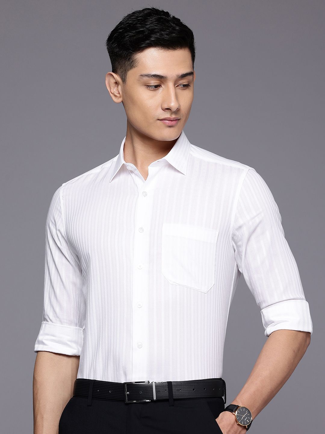 Louis Philippe Slim Fit Self Striped Pure Cotton Casual Shirt-picture-39