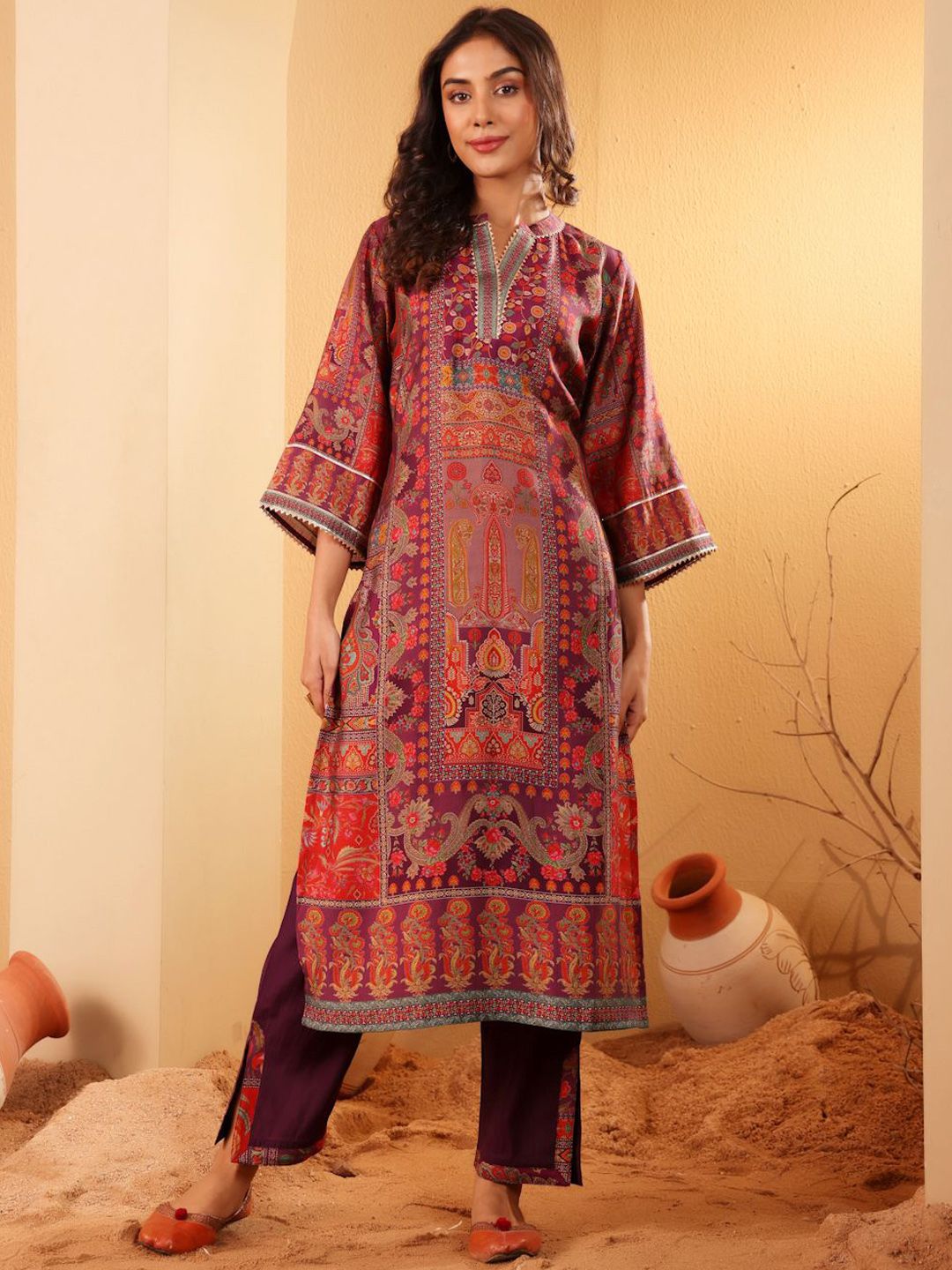 Varanga Ethnic Motifs Printed Mandarin Collar Gotta Patti Chanderi Silk Kurta & Trousers