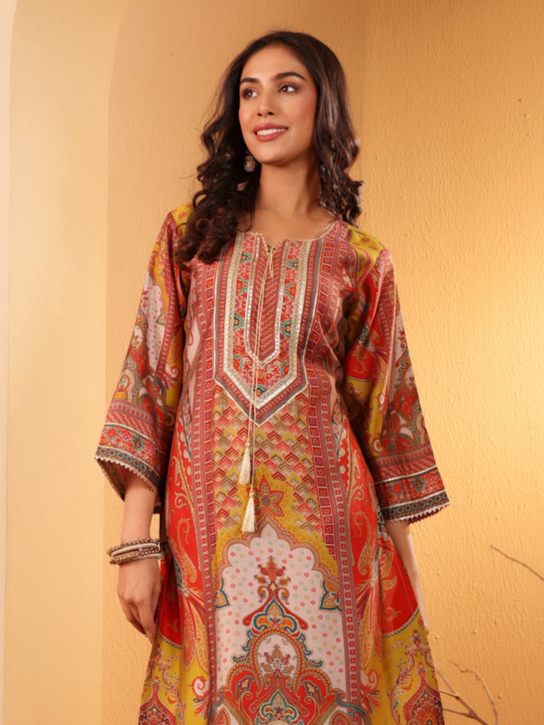 Varanga Women Ethnic Motifs Printed Regular Gotta Patti Chanderi Silk Kurta Trousers