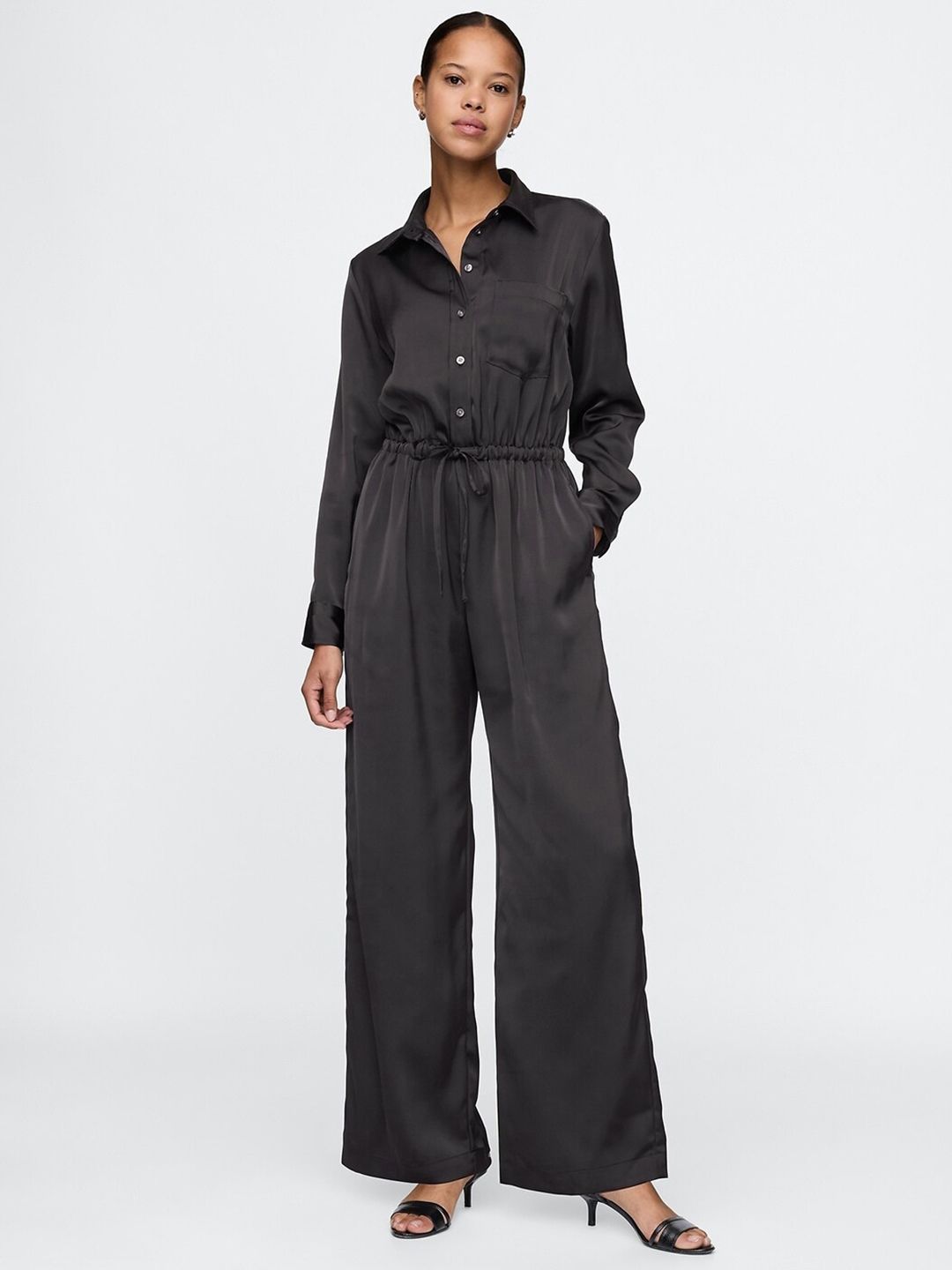 GAP Shirt Collar Waist Tie-Ups Satin Basic Jumpsuit-picture-33