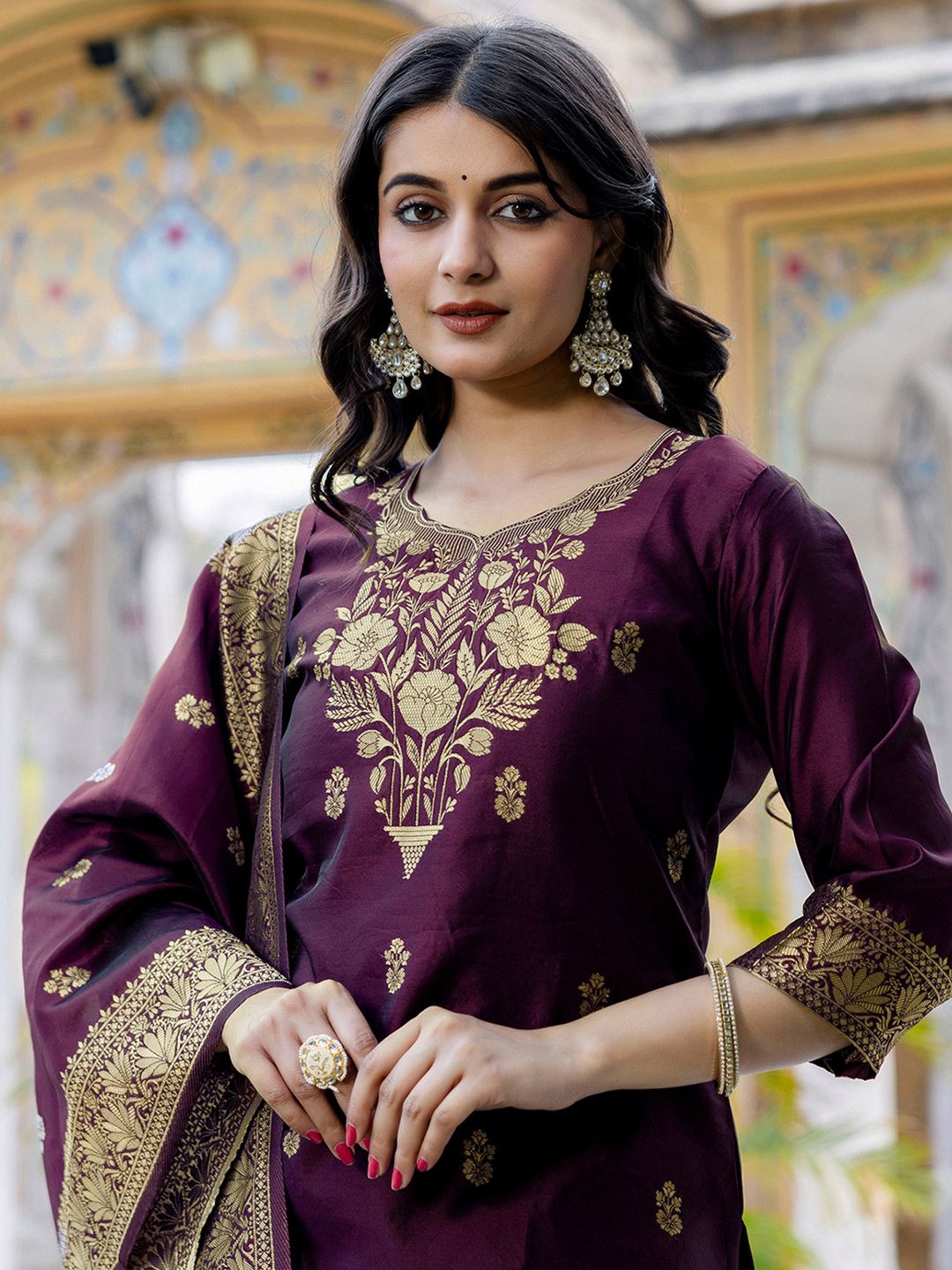 SKYLEE Women Floral Woven Design Kurta with Trousers & Dupatta