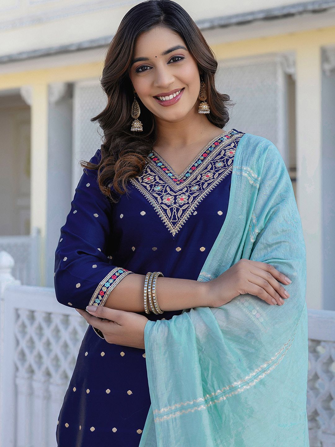 SKYLEE Women Regular Sequinned Kurta with Palazzos  With Dupatta