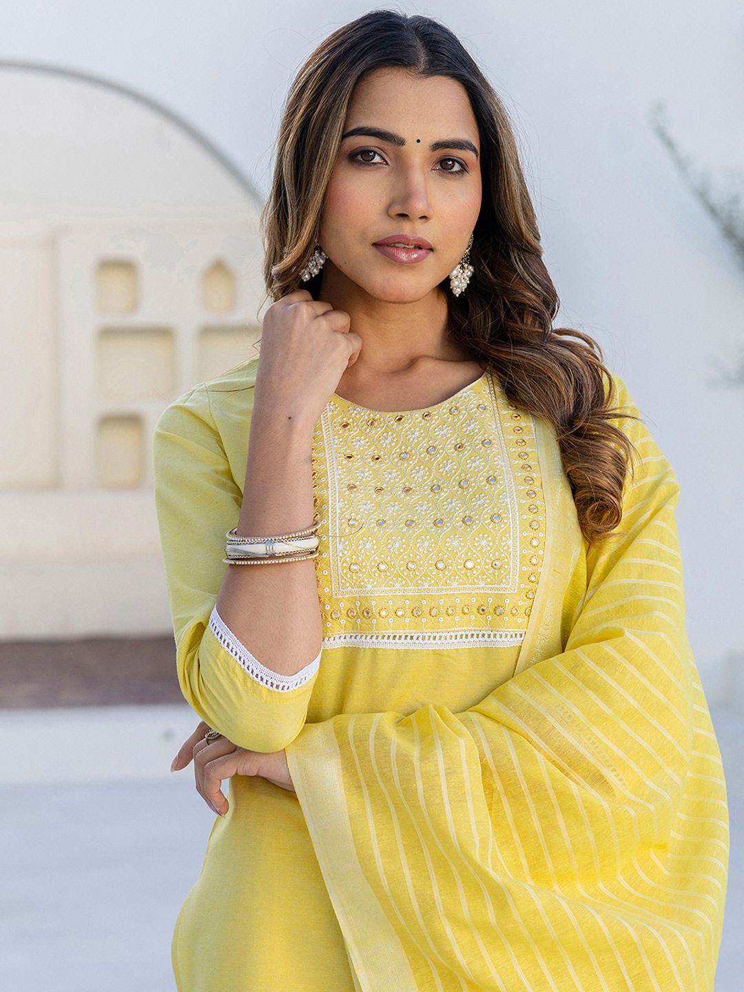 SKYLEE Floral Yoke Design Round Neck Mirror Work Straight Kurta With Trousers & Dupatta