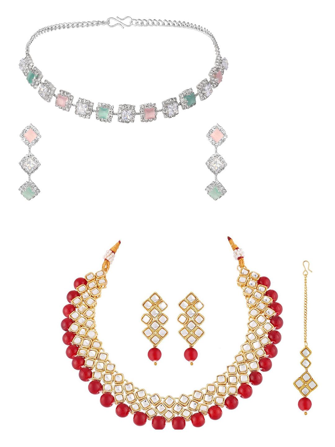 ASMITTA JEWELLERY Set Of 2 Rhodium & Gold-Plated Stone-Studded & Beaded Jewellery Set-picture-30