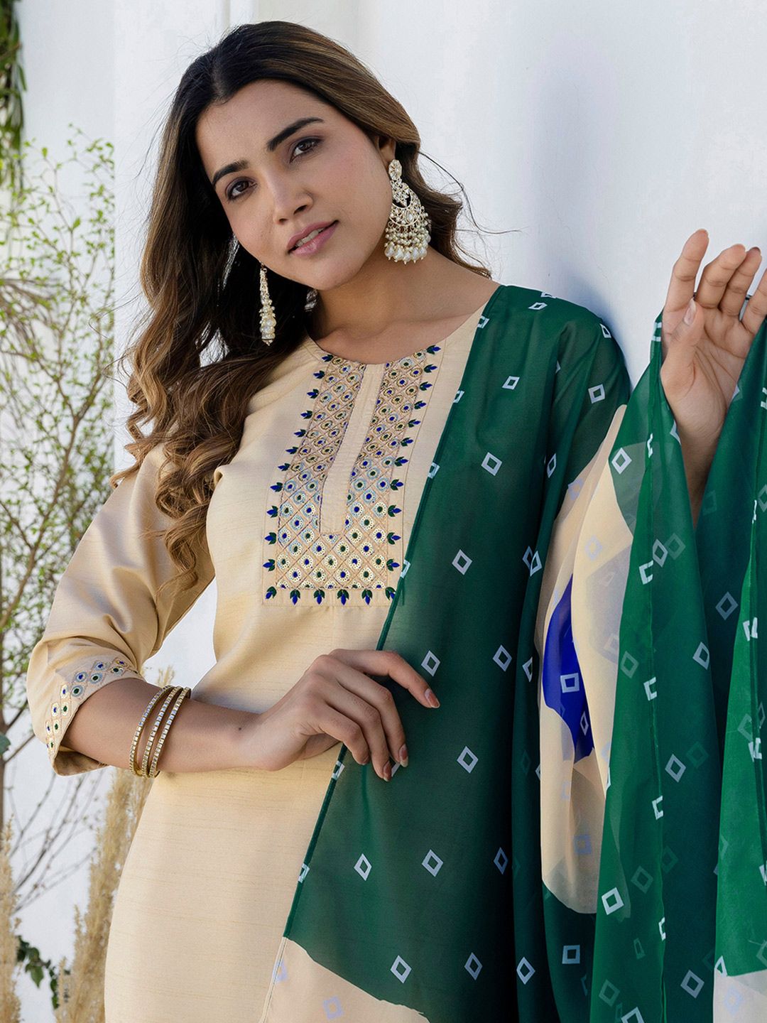 SKYLEE Floral Yoke Design Sequinned Straight Kurta With Trouser And Dupatta