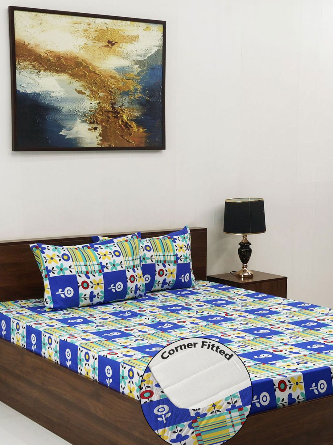 Steve & Anderson joy Blue Floral Microfiber 160 TC Fitted Bedsheet Set-1.82mX1.98mX15cm