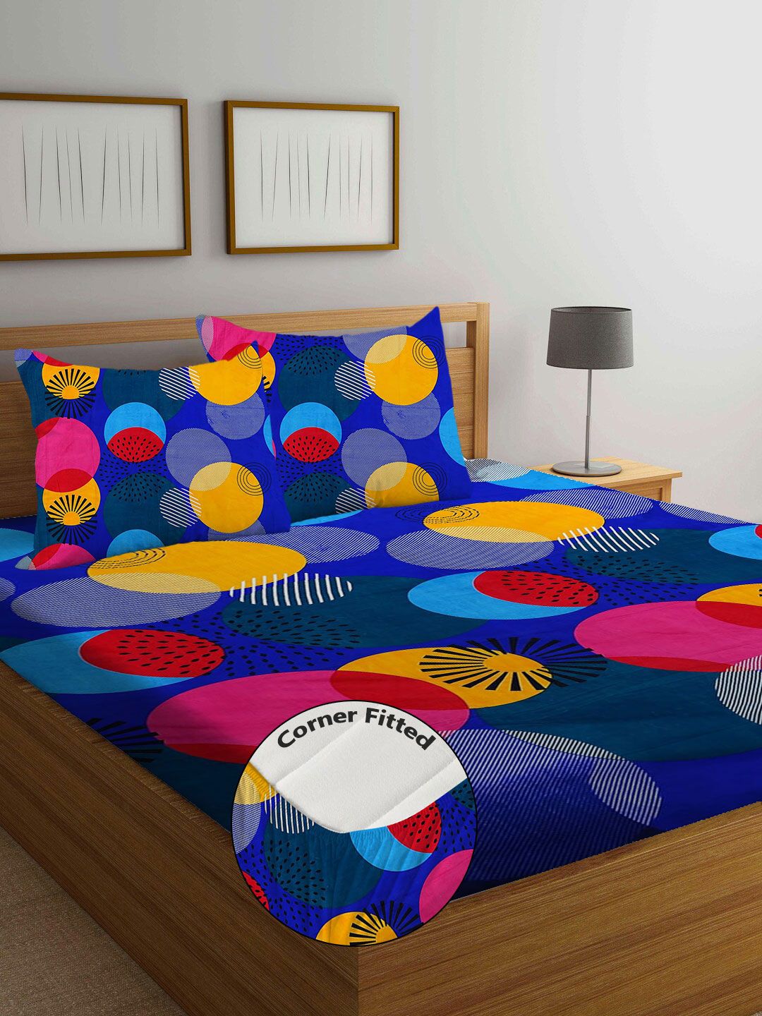 Steve & Anderson Joy Blue Geometric 160 TC Fitted Queen Bedsheet Set-Set-1.82mX1.98mX15cm