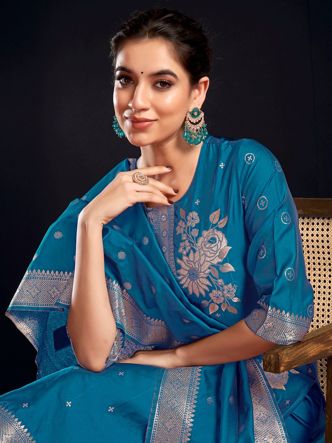 SKYLEE Floral Printed Round Neck Straight Kurta With Trousers & Dupatta