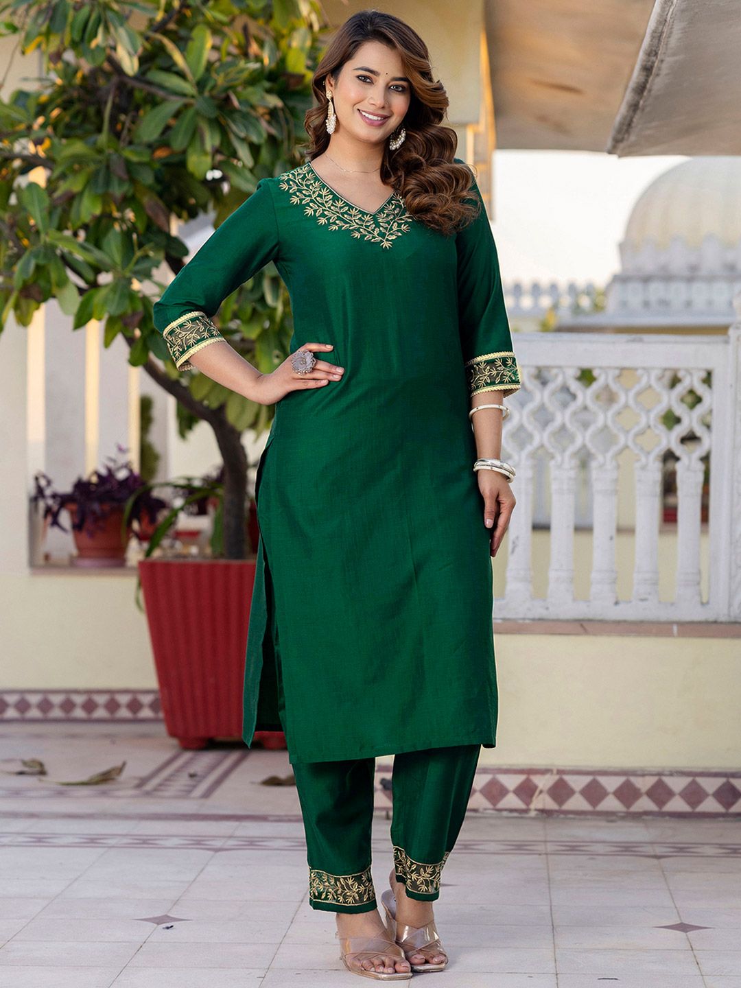 Women women ethnic motifs embroidered cotton kurta with trousers & dupatta main image 1