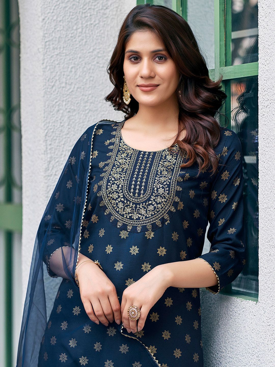 SKYLEE Floral Printed Round Neck Sequinned Straight Kurta With Trouser And Dupatta