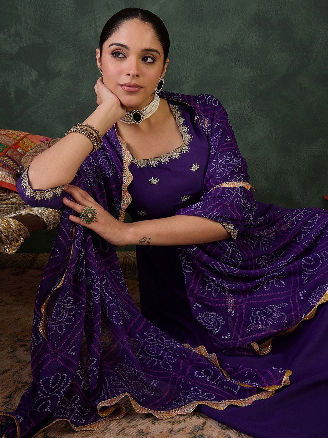 Indo Era Embroidered Square Neck Anarkali Kurta With Trousers And Dupatta-picture-27