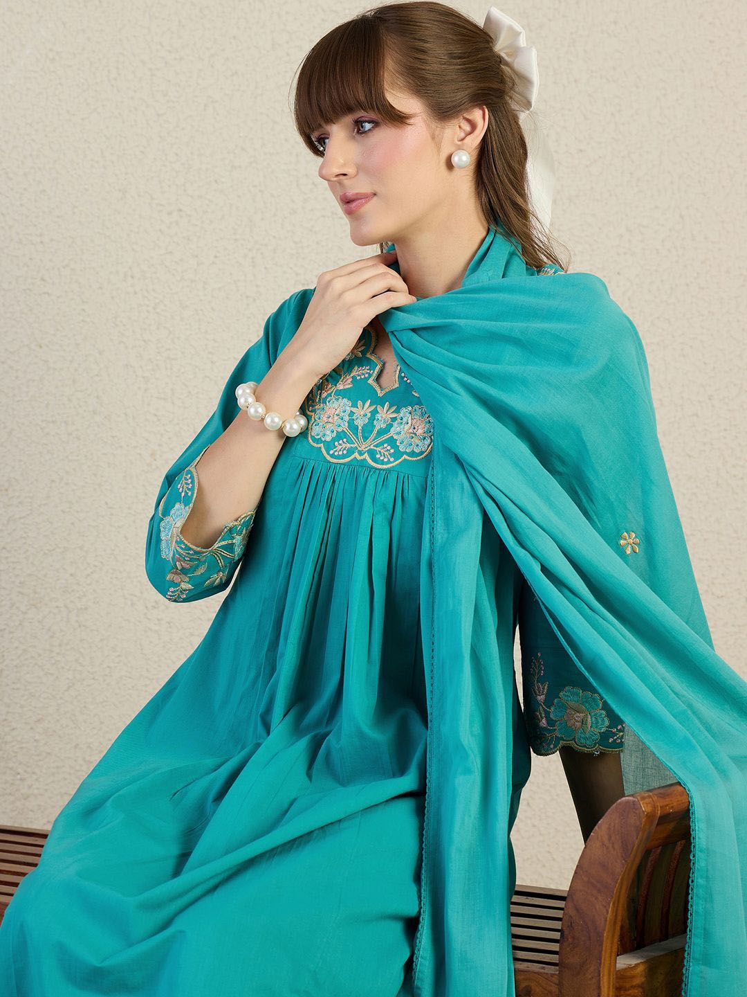 Indo Era Women Embroidered Beads & Stones Pure Cotton Kurta with Trousers & Dupatta