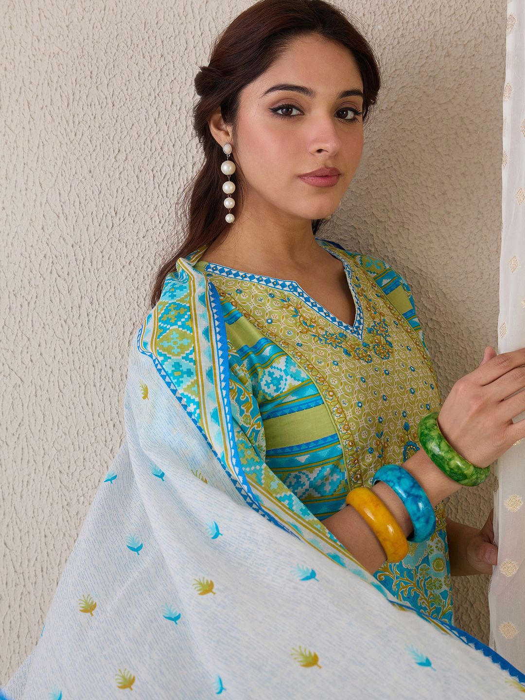 Indo Era Floral Printed Notch Neck Pure Cotton Kurta With Trousers & Dupatta