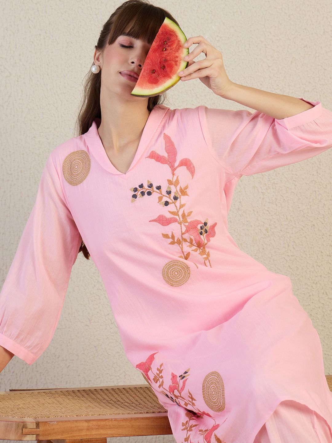 Indo Era Women Floral Embroidered Cotton Kurta with Trousers