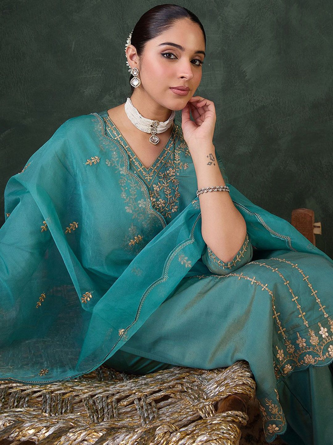 Indo Era Women Ethnic Motifs Embroidered Regular Zari Kurta with Trousers & Dupatta