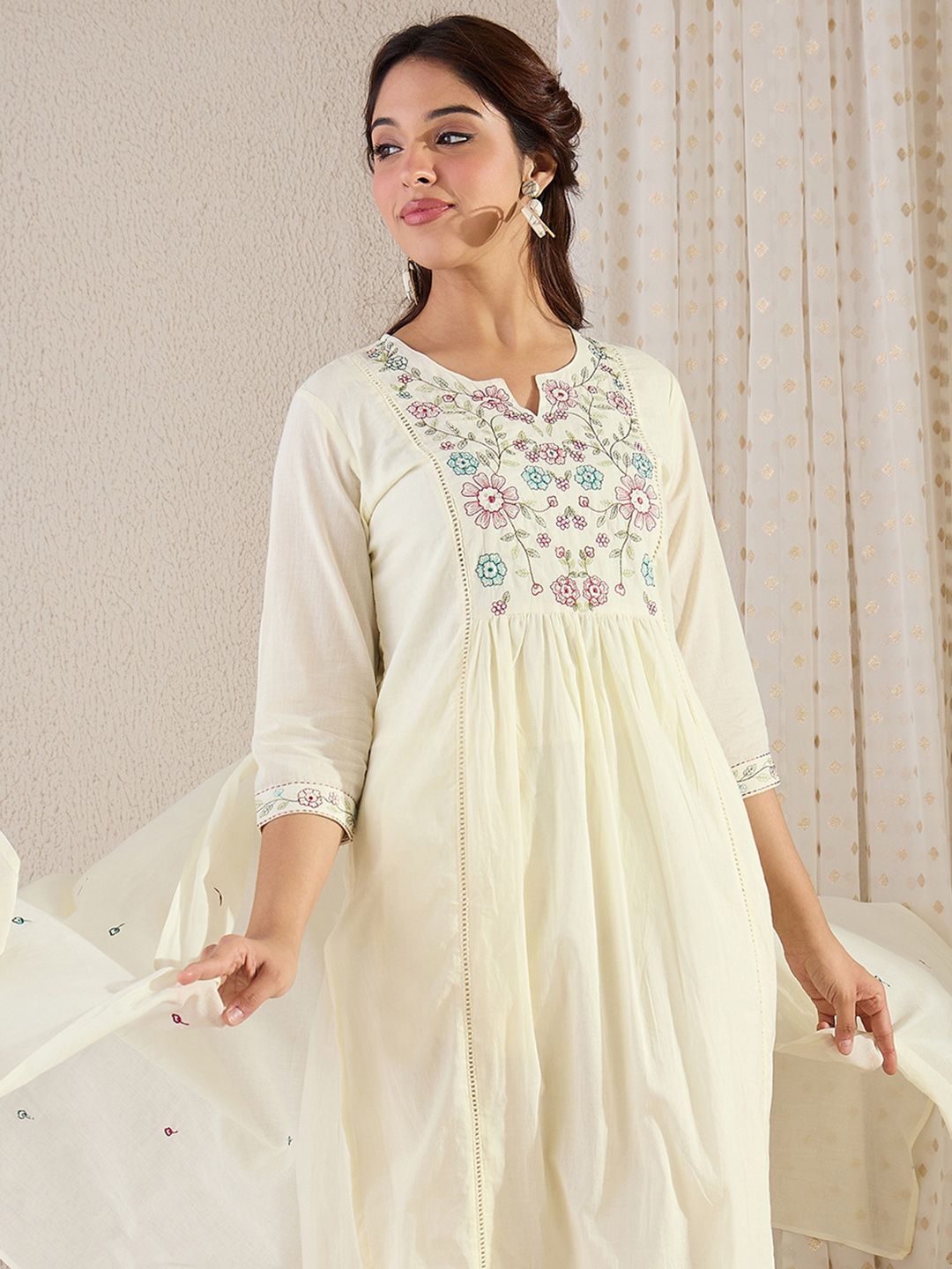 Indo Era Women Floral Embroidered Cotton Kurta with Trousers & Dupatta