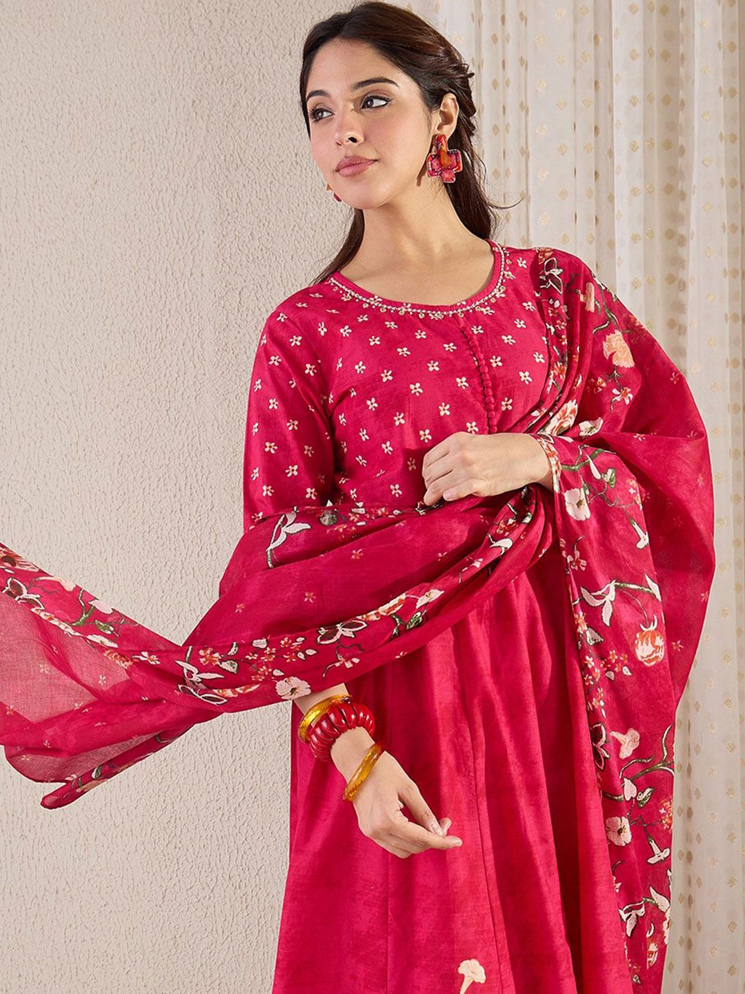 Indo Era Floral Printed Pure Cotton A-Line Kurta With Trousers & Dupatta