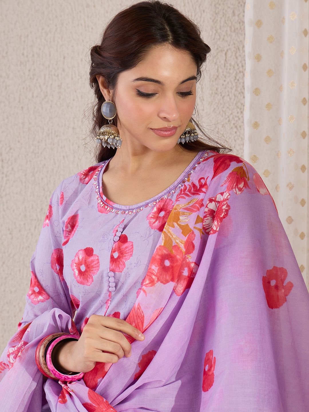 Indo Era Women Floral Printed Cotton Kurta with Trousers & Dupatta