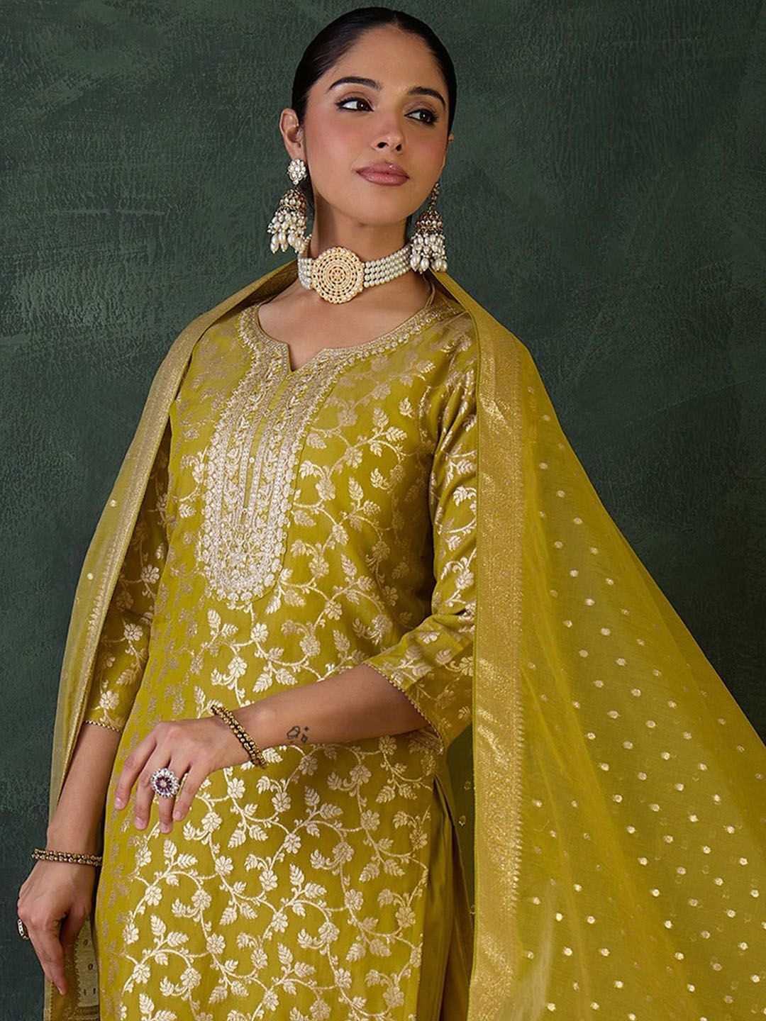 Indo Era Women Floral Woven Design Sequinned Kurta Set With Dupatta